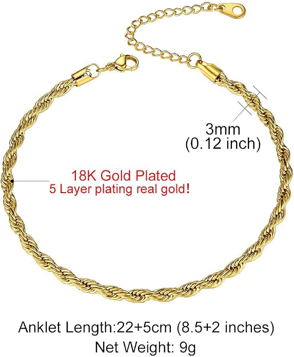 GoldChic Adjustbale Link Chain Anklet for Women Summer Jewelry, 316L Stainless Steel Figaro/Wheat/Twist Rope/Cuban Foot Bracelet-Waterproof, Resizable 9"-12" (Gift Box Included)