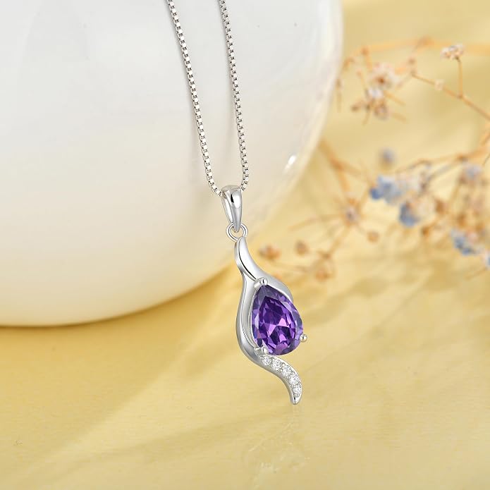 JO WISDOM Birthstone Necklace for Women Teardrop Cubic Zirconia Necklace 925 Sterling Silver Fine Jewelry Birthday Gifts for Women