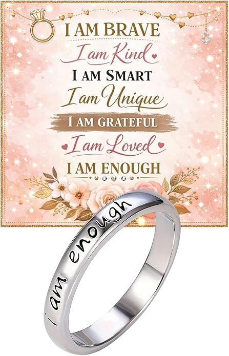 I Am Enough Ring for Women, Mantra Engraved Love Hope Brave Inspirational Gift Card Kind Statement Birthday Anniversary Jewelry