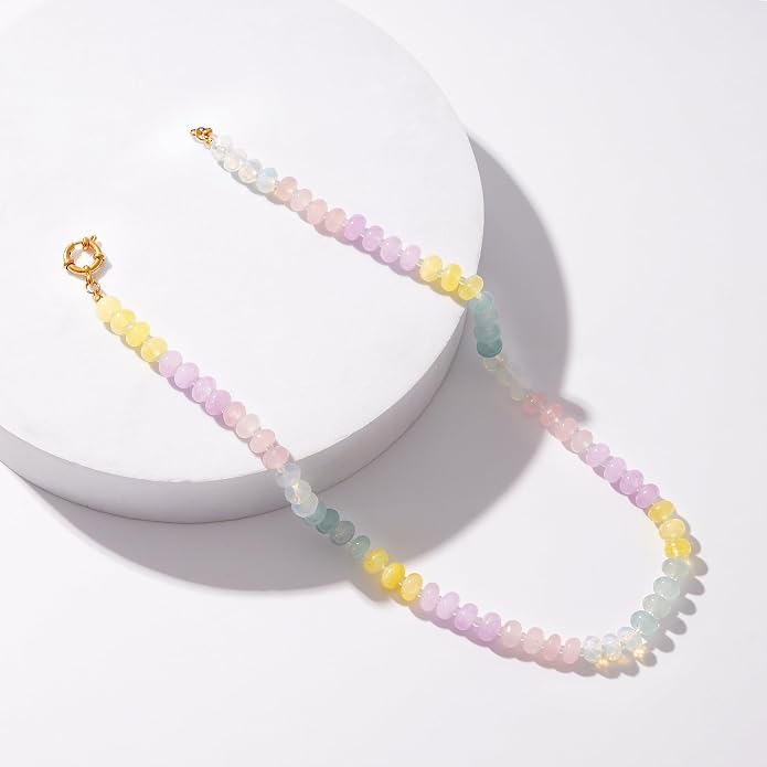 LALAPPLE Colorful Beaded Gemstone Necklace for Women, Boho Rainbow Bead Choker with Natural Stone Crystal Beads, Handmade Summer Beach Necklace Jewelry