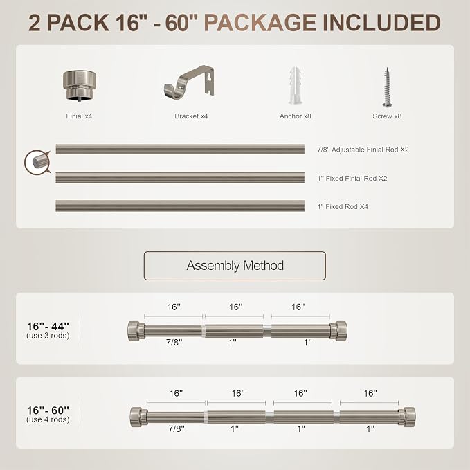 Lootkell 2 Pack Brushed Nickel Curtain Rods for Windows 28-48 Adjustable | Heavy Duty 1" Small Window Curtain Rod,Solid Metal Finials,Modern Design,Fits Outdoor,Kitchen,Bedroom,Living Room,Farmhouse