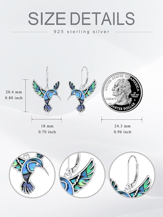 Hummingbird Earrings 925 Sterling Silver Abalone Shell Bird Dangle Earrings Hummingbird Jewelry Gifts for Women