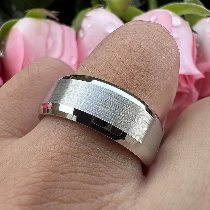 TUTISS 6mm 8mm White Tungsten Rings for Men Women Couple Fashion Jewelry Engagement Wedding Bands Matte Finish Beveled Edges Comfort Fit