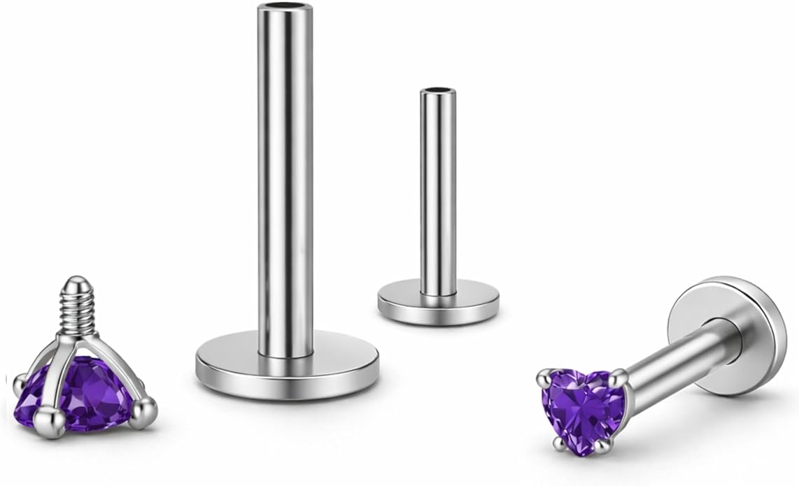Titanium Heart CZ Labret Stud Earrings for Piercings by Ginger Lyne 6Pc Set G23 Screw Front Flat Back Body Jewelry 2 pair post 6mm, 8mm Cartilage, Helix, Tragus, Lip, Conch, Lobe