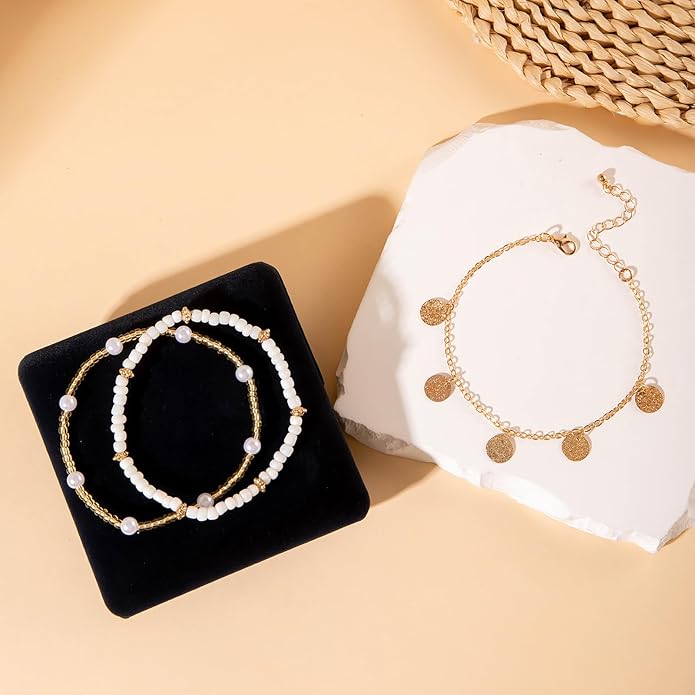 Ankle Bracelets for Women Stretch Boho Pearl Bead Gold Anklets Layered Sequins Foot Chain Hawaiian Beach Conch Summer Vacation Travel Foot Jewelry