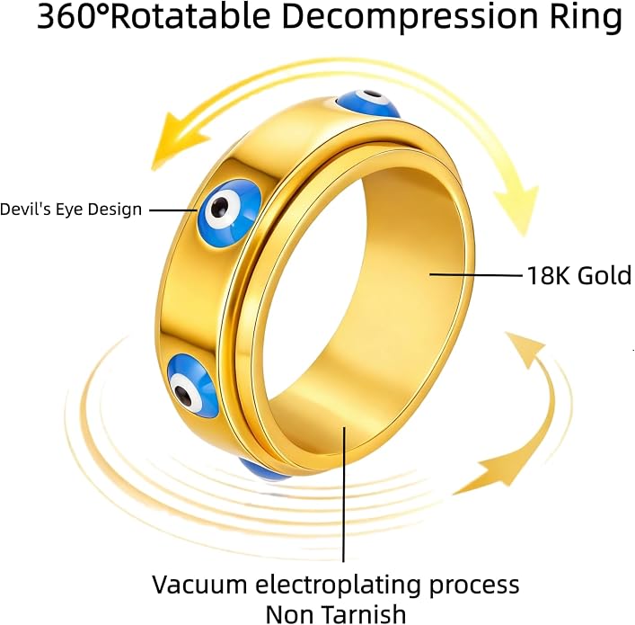 Evil Eye Fidget Ring for Women - 18K Gold Plated Stainless Steel Spinner Rings for Anxiety Relief, Ojo Turco Ring Luck Amulet, Turkish Faith Protection Stackable Jewelry Gift for Women Men (Gold, 6) (L, 5) (7)