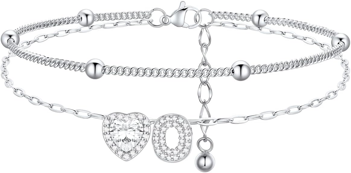 FindChic Silver/14K Gold Plated Layered CZ Initial Ankle Bracelet for Women | Waterproof Stainless Steel, Cubic Zirconia Letter Charm, Non-Tarnish, Hypoallergenic, Adjustable Extender, Summer Jewelry
