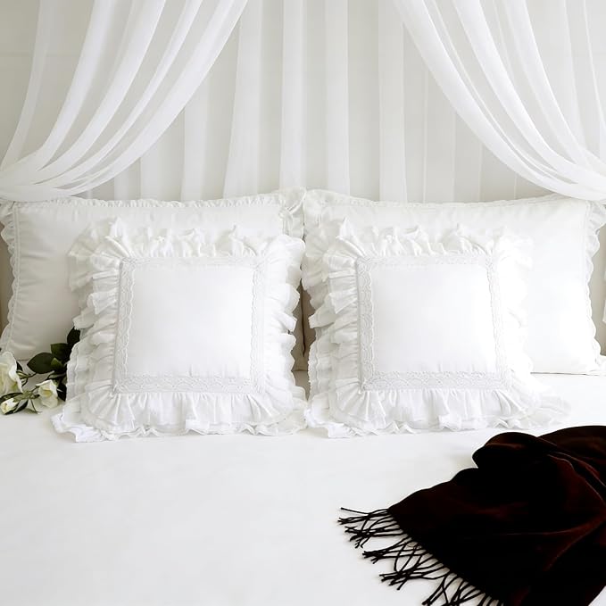 12x20 Pillow Covers, White Lace Square Cushion Cover 100% Cushion Throw Pillow Cover Pillowcase Set of 2, Decorative Cushion case,Handmade Pillowcase with Ruffles