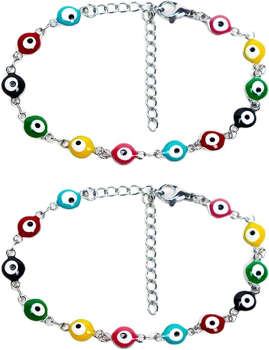 2 Pcs Evil Eye Anklet Bracelets for Women Men,18K Gold Plated Stainless Steel, Handmade Adjustable Amulet, Evil Eyes Jewelry for Family Best Friends