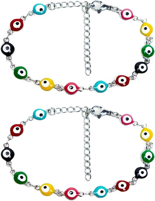 2 Pcs Evil Eye Anklet Bracelets for Women Men,18K Gold Plated Stainless Steel, Handmade Adjustable Amulet, Evil Eyes Jewelry for Family Best Friends