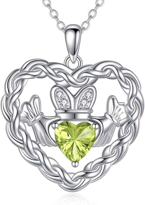 Birthstone Claddagh Heart Necklace 925 Sterling Silver Heart Celtic Knot Claddagh Necklace Pendant Irish Jewelry Gifts for Women Mom Wife Sister Christmas Birthday,18+2 inch