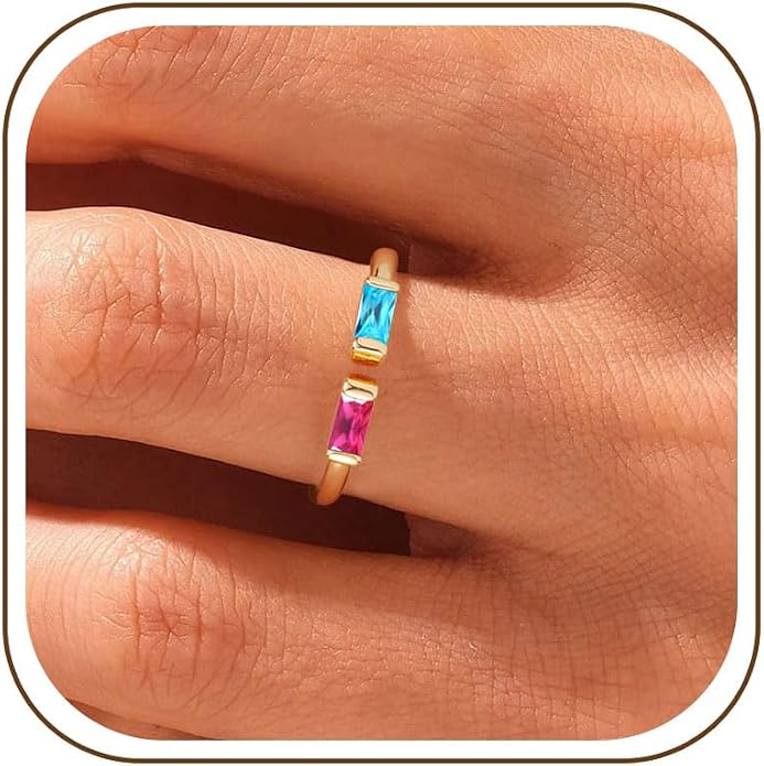 WFYOU Gold Birthstone Rings for Women - Non Tarnish Dainty 14K Gold Plated Stackable CZ Rings for Her & Couples - Personalized Jewelry Gift for Birthday