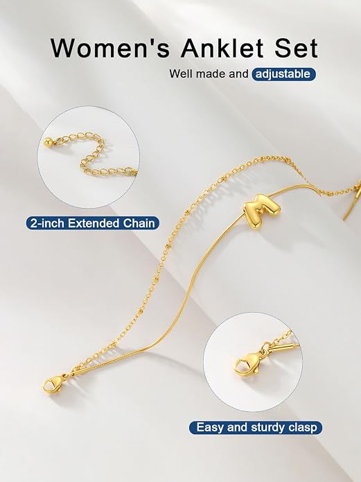 ChainsProMax Initial Ankle Bracelets for Women, Waterproof Anklets Bracelet Adjustable Summer Beach Women Foot Jewelry, Stainless Steel/Gold Plated-Send Gift Box/Letter A-Z