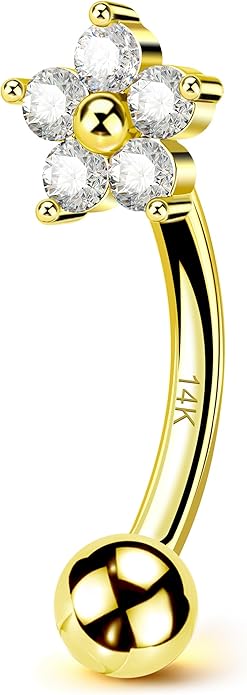 Jewseen ULTIMATE COLLECTION—9K Solid Real Gold Shiny Zircon Floral Design Belly Button Ring Eyebrow Rook Stud 16G 8mm Fine Piercing Jewelry