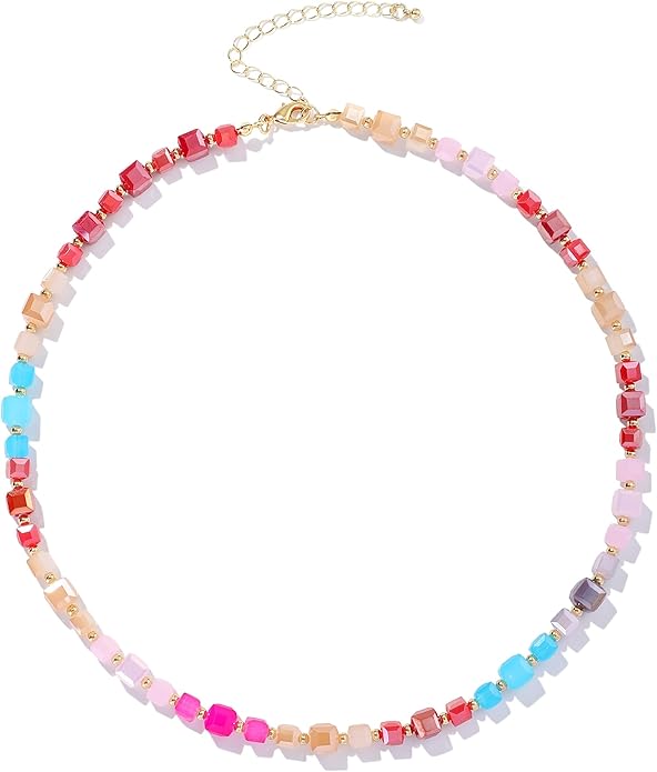 LALAPPLE Colorful Beaded Gemstone Necklace for Women, Boho Rainbow Bead Choker with Natural Stone Crystal Beads, Handmade Summer Beach Necklace Jewelry