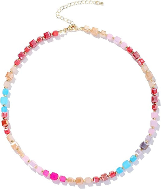 LALAPPLE Colorful Beaded Gemstone Necklace for Women, Boho Rainbow Bead Choker with Natural Stone Crystal Beads, Handmade Summer Beach Necklace Jewelry