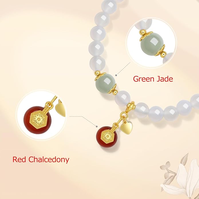 ZHOU LIU FU Silver Beaded Bracelets for Women Adjustable Silver Carnelian Roll White Chalcedony Gemstone Stretch Bracelets Mom Birthday