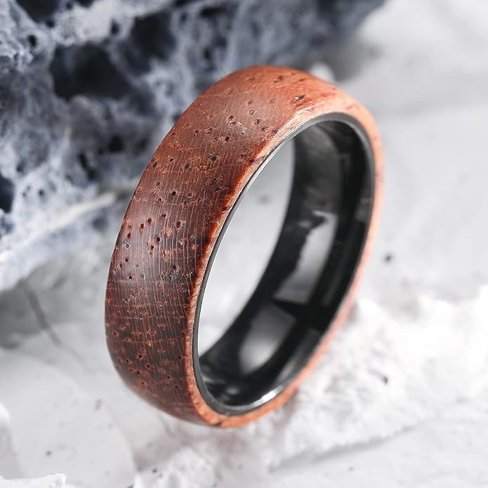 King Will 6/8mm Wedding Band for Men, Silver/Black Hammered Titanium Wedding Ring Inlaid Wood Inner Hole, Wedding Band for Men Matte Brushed Comfort Fit 7-14