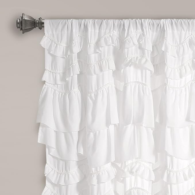Lush Decor Kemmy Light Filtering Window Curtain Panel Single 52" W x 63" L White - Drapes - Ruffled Curtains for Bedroom - White Curtains - Coquette Decor