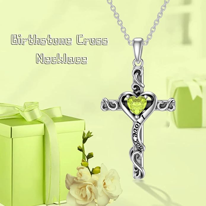 TOUPOP Cross Birthstone Necklace for Women 925 Sterling Silver Heart Cross Pendant I Love You Jewelry Anniversary Birthday Mothers Day Gifts for Mom Wife Her
