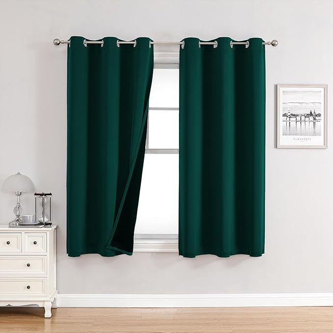 ChrisDowa 100% Blackout Curtains for Bedroom 45 Inches Long 2 Panels Set | 2 Thick Layers, Thermal Insulated, Light Blocking, Grommet, Window Treatment, Living Room Drapes, Forest Green, 42 x 45 Inch