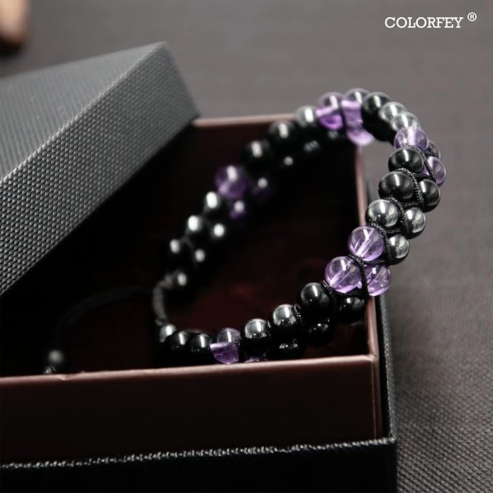 Triple Protection Bracelet for Women, Genuine Healing Crystal Bracelet Amethyst Black Obsidian Hematite 6mm, Pyramid Energy Crystal Beads Bracelets Stone Bracelets for Mom Wife for Protection Balance