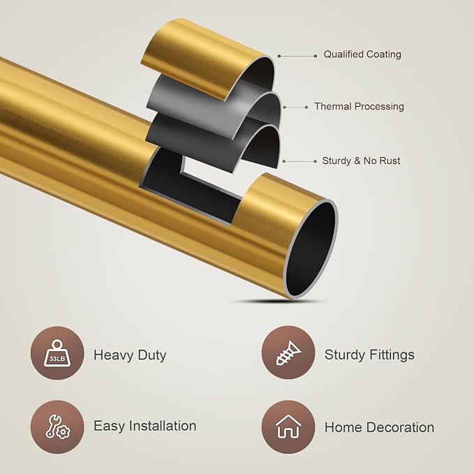 Lootkell 2 Pack Gold Curtain Rods Set for Windows 48 to 84 Heavy Duty 1" Diameter Adjustable Window Single Rods with Solid Metal Finials for Bedroom Living Room Kitchen Farmhouse