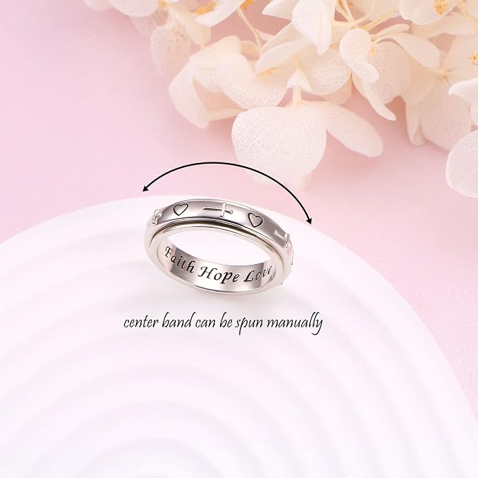 Alphm S925 Sterling Silver Spinner Fidget Anxiety Worry Relieving Boredom ADHD Autism Band Rings