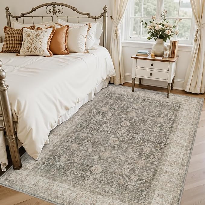 5x7 Area Rugs for Living Room: Vintage Boho Neutral Washable Rug Indoor Soft Large Area Rug Carpet for Bedroom Nursery Farmhouse Dining Room Office Floor Non-Slip Low Pile Under Table Rug Warm Taupe