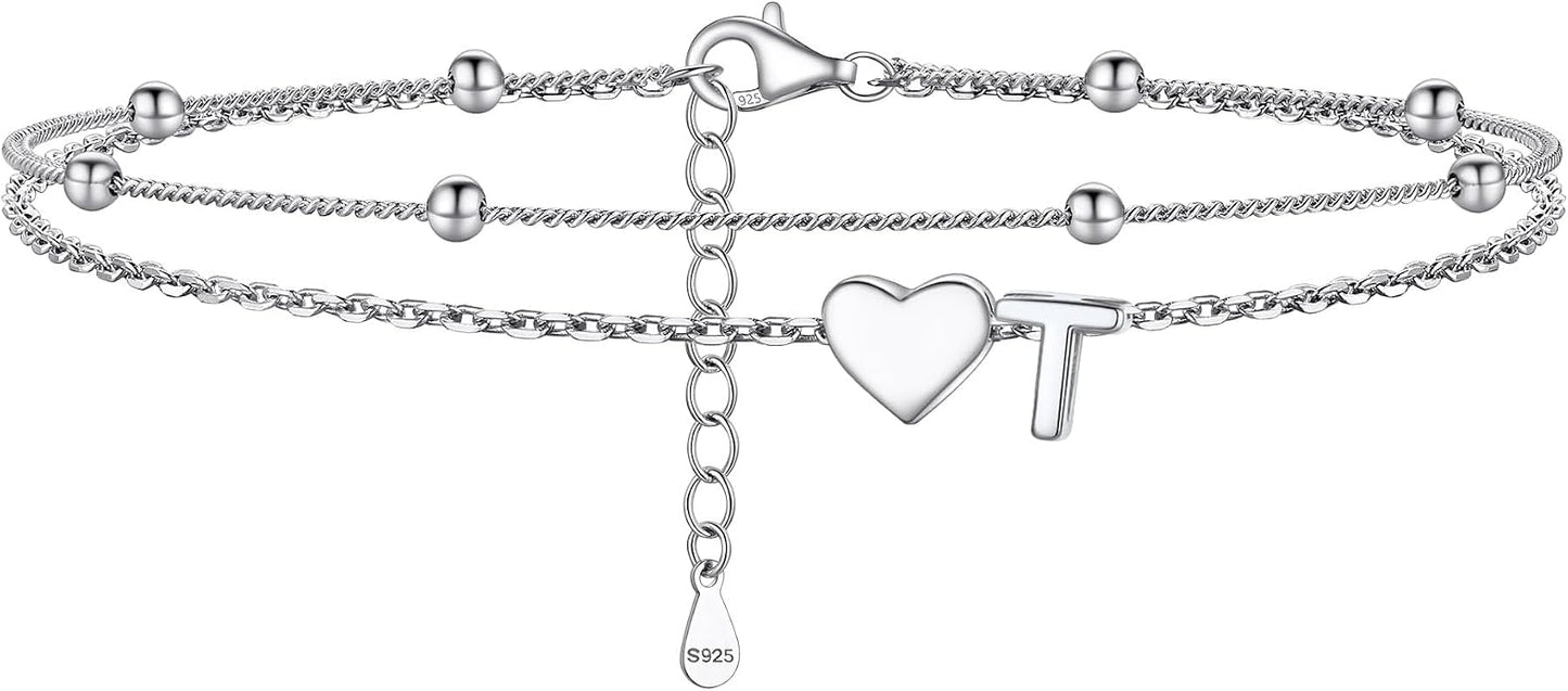 PROSILVER Ankle Bracelets for Women S925 Sterling Silver Anklets for Women Waterproof, Dainty Layered Heart Anklet, Beach Initial Anklet for Summer, Letter A-Z