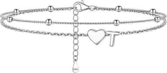 PROSILVER Ankle Bracelets for Women S925 Sterling Silver Anklets for Women Waterproof, Dainty Layered Heart Anklet, Beach Initial Anklet for Summer, Letter A-Z