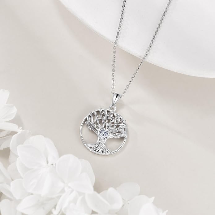 VONALA Tree of Life Necklace 925 Sterling Silver Abalone/Crystal Celtic Knot Family Tree Filigree Pendant Necklace Tree Jewelry Gift Women