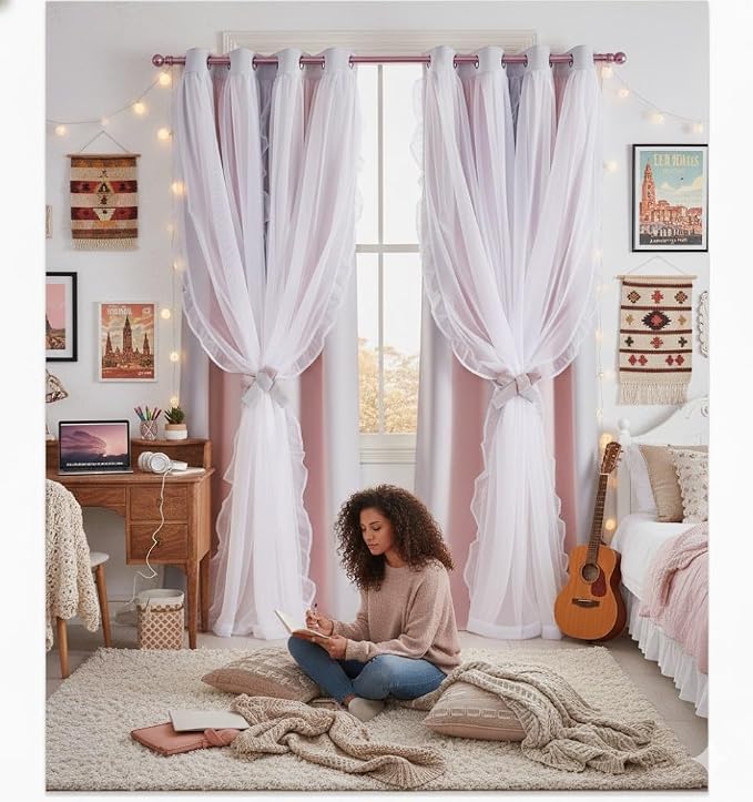 PONY DANCE Gradient Blackout Curtains for Living Room Decor Window Treatment Double Layer Drapes Ruffle Sheer Overlay Farmhouse Rustic Design, W 52 x L 84 Inches, Grey-Pink, 2 Panels