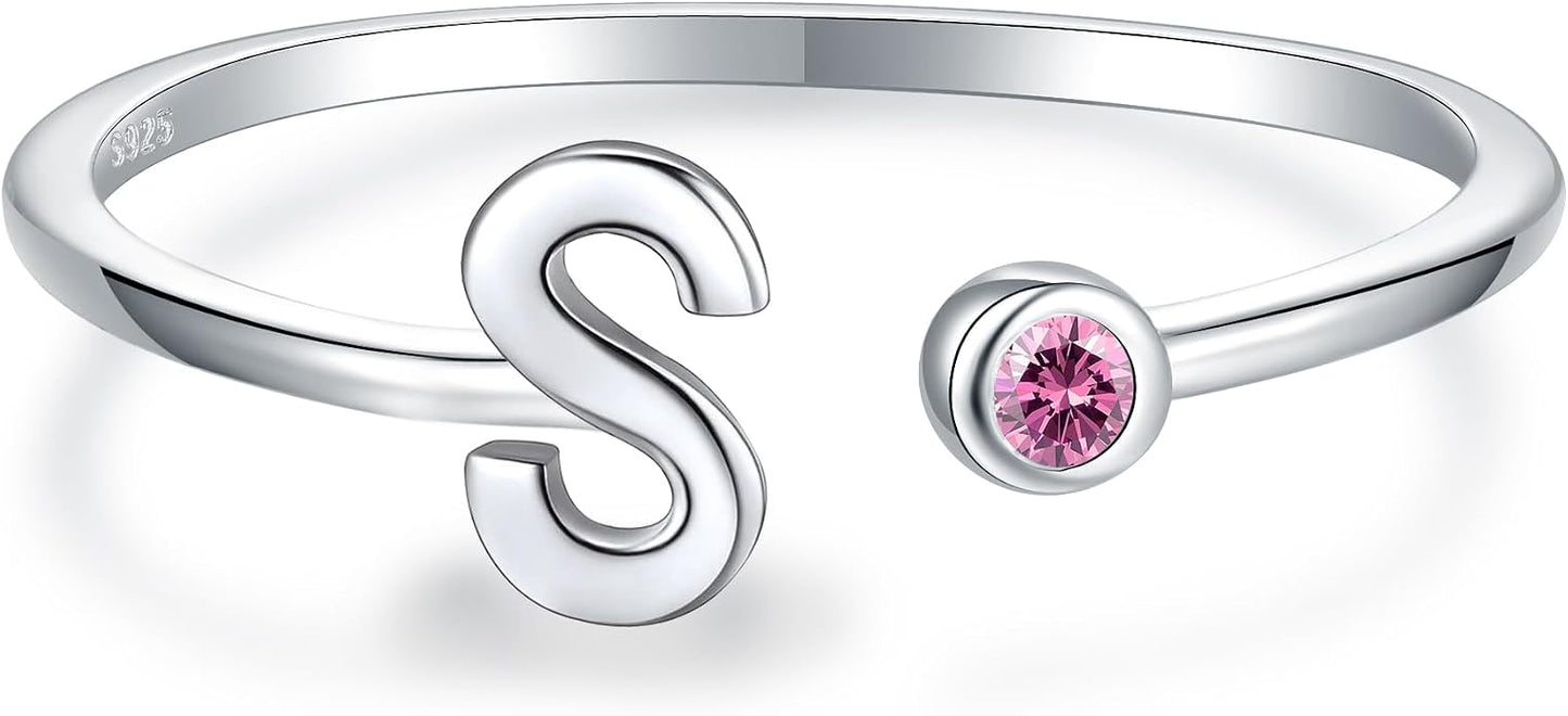 925 Sterling Silver Initial Letter Birthstone Rings for Women Adjustable 1-12 Month Birthstone Alphabet Stacking Ring for Teens Girls Stackable Birthstone Rings Birthday Jewelry Gift for Daughter Mom