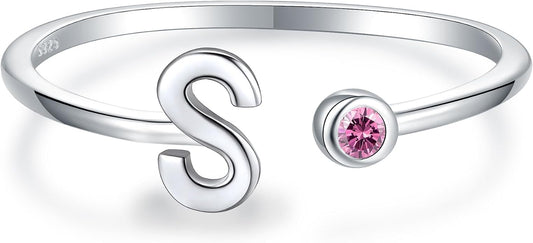 925 Sterling Silver Initial Letter Birthstone Rings for Women Adjustable 1-12 Month Birthstone Alphabet Stacking Ring for Teens Girls Stackable Birthstone Rings Birthday Jewelry Gift for Daughter Mom