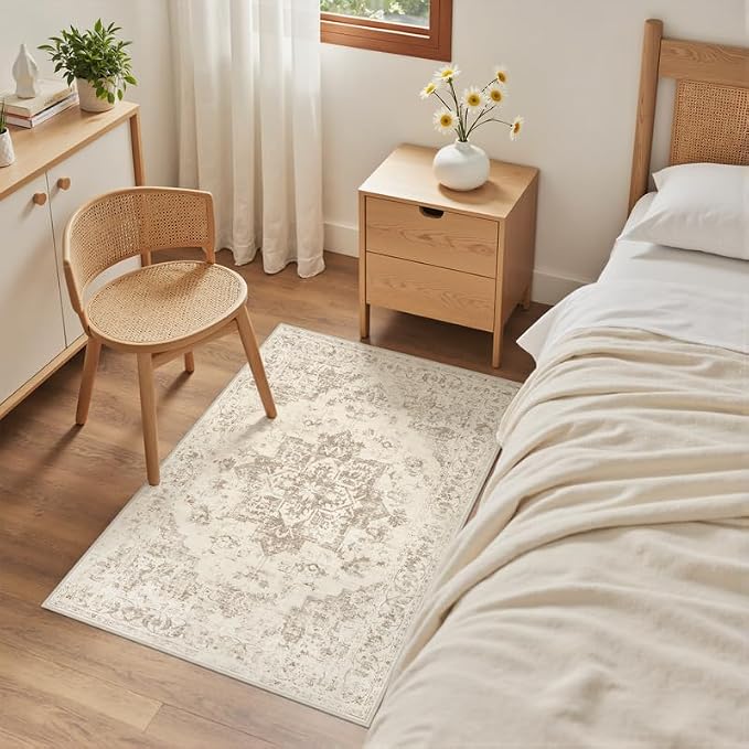 Machine Washable Area Rugs 2x3: Vintage Boho Neutral Washable Rug Indoor Soft Small Entryway Throw Carpet for Living Room Bedroom Kitchen Laundry Floor Non-Slip Low Pile Entrance Rug Beige/Ivory