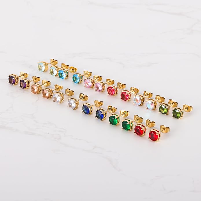 12 Pairs Surgical Stainless Steel Round Birthstone Multi Colored Cubic Zirconia Stud Earrings Set