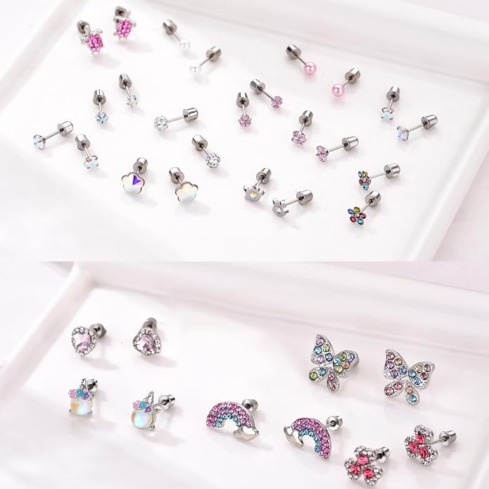 24 Pairs Stainless Steel Flat Back Earrings Set -Secure and Comfortable Screwback Earrings with Diverse Designs, Perfect for Multiple Piercings and Everyday Wear