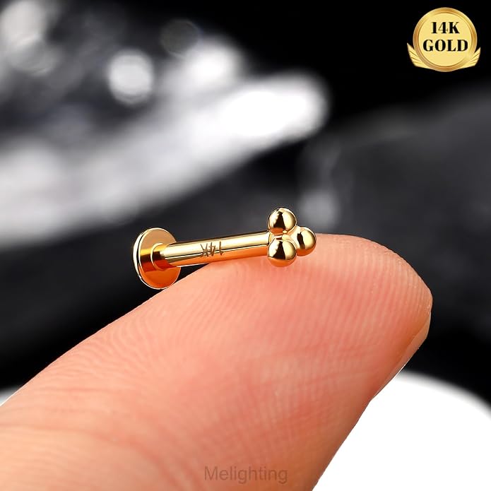 Melighting 14K Solid Gold Cartilage Earring - Internally Threaded 16G Flat Back Stud Earring - Gold Helix Piercing Jewelry - 8mm
