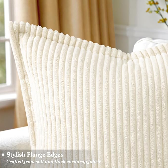 decorUhome Fall Corduroy Cream White Throw Pillow Covers 24x24 Set of 2 | Euro Sham Couch Decorative Soft Modern Boho Farmhouse Pillow Covers Broadside Striped Pillow Cases for Living Room Bed Sofa