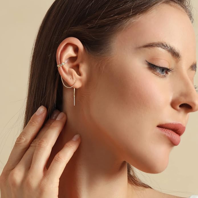 Threader Ear Cuff for Women 18K Real Gold Plated Cubic Zirconia Wrap Chain Earrings Hypoallergenic Drop Earring Crawler Climber Ear Cuffs Gift