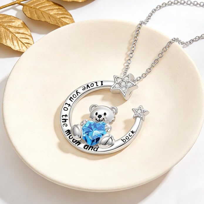 PELOVNY Teddy Bear Necklace for Women 925 Sterling Silver Bear/Highland Cow/Fox/Cat/Axolotl Birthstone Necklace Christmas Birthday Jewelry Gifts for Mom Daughter Wife Sister