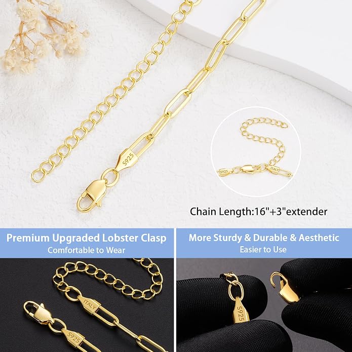 Jewlpire 925 Sterling Silver Plated Rope/Cuban/Paperclip/Herringbone Chain Necklaces for Women, 18K Gold Plated Chain Necklace,Hypoallergenic Women's Chain Necklaces 16+3 Inch