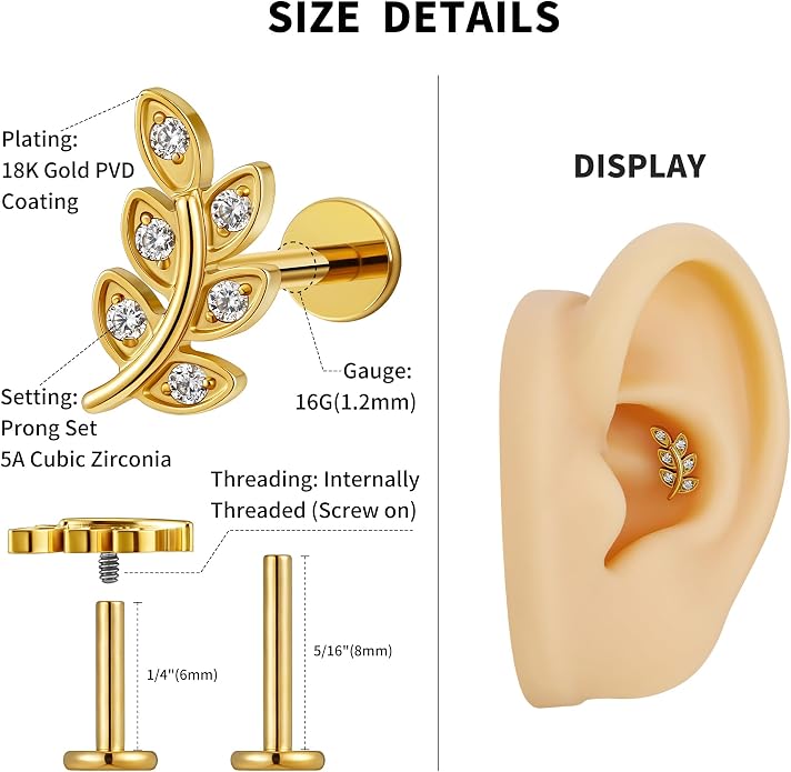 FINE4U 1PC Leaf Flat Back Stud Flat, Helix, Conch, Tragus 6mm 8mm - ASTM F136 Titanium Screw on Body Piercing Jewelry