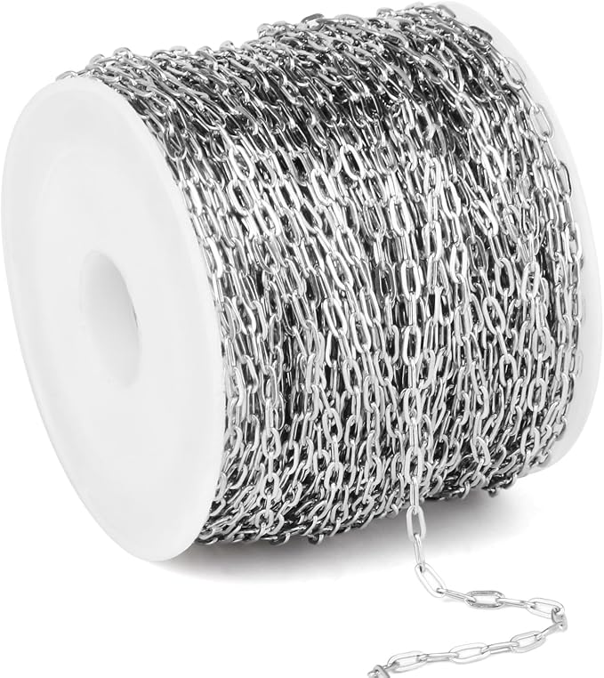 66FT Stainless Steel Paperclip Chain Roll 2MM 304 Stainless Steel Paperclip Link Chain Spool Bulk for Jewelry Making