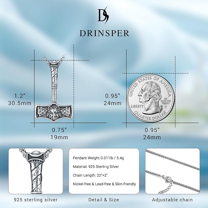 Thors Hammer Necklace - Viking Mjolnir Necklace Nordic Vegvisir Valknut Symbol Pendant 925 Sterling Silver Norwegian Amulet Jewelry Gift for Men Women