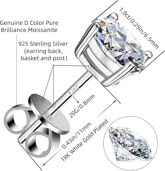Moissanite Stud Earrings GRA 925 Sterling Silver Earrings for Men 18K White Gold Plating Earrings for Women,wedding earrings(0.3Ct-4Ct)