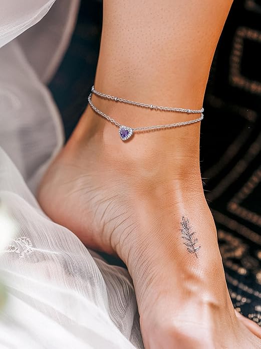 Richsteel Double Layer Heart/Butterfly Birthstone Anklet for Women Non Tarnish Waterproof, Silver/Gold/Black Stainless Steel 8.5-10.5 Inch Adjustable Chain Anklets Jewelry Gifts for Her