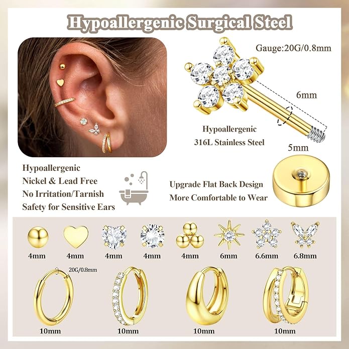 Jstyle Hypoallergenic 14K Gold Plated Stud Hoop Earrings for Women Men Surgical Stainless Steel Flat Back Earrings Small Huggie Hoops Cartilage Earring Set for Multiple Piercing Jewelry Gift for Women