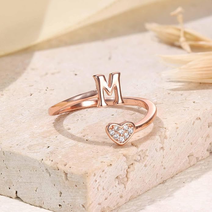 MILACOLATO 925 Sterling Silver Initial Rings for Women Teen Girl 18K Gold Plated Heart Initial Rings Adjustable Capital Letter Ring Stackable Thumb Pinky Rings for Daughter Birthday Bridesmaid Gifts Jewelry, A to Z